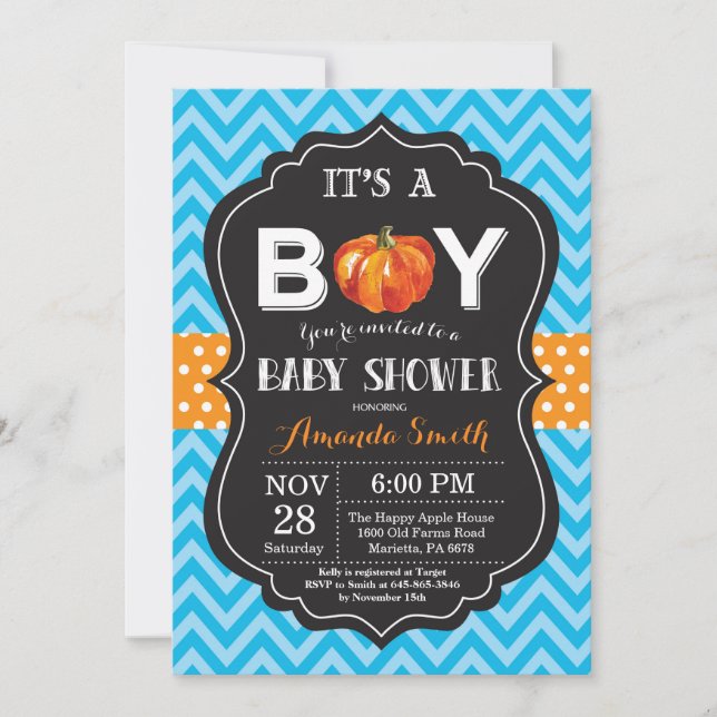Pumpkin Fall Baby Shower Invitation Blue Chevron (Front)