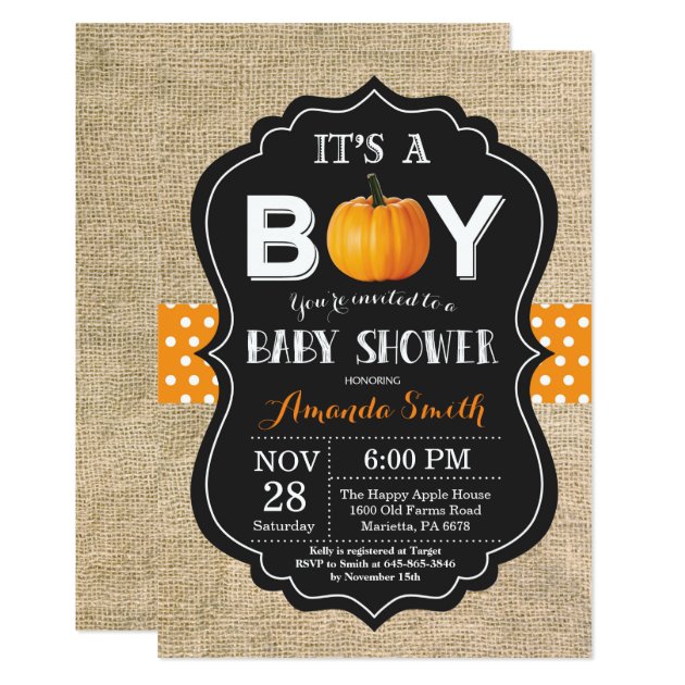 Pumpkin Fall Baby Shower Invitation Card Burlap