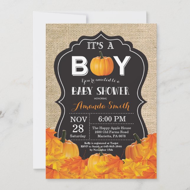 Pumpkin Fall Baby Shower Invitation Card Burlap (Front)