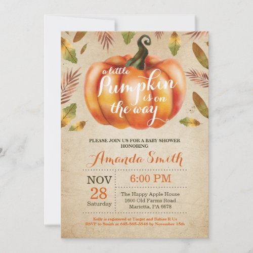 Pumpkin Fall Baby Shower Invitation Rustic Vintage