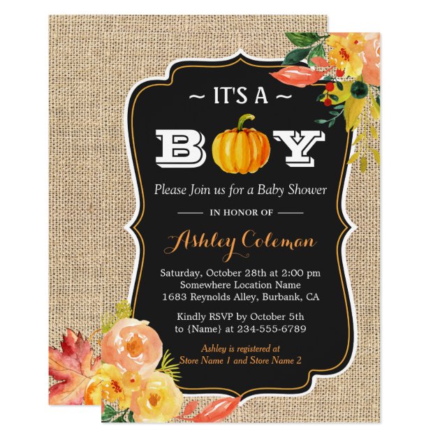 Pumpkin Fall Baby Shower It's A Boy Rustic Burlap Invitation