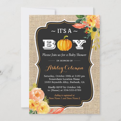 Pumpkin Fall Baby Shower Its A Boy Rustic Burlap Invitation