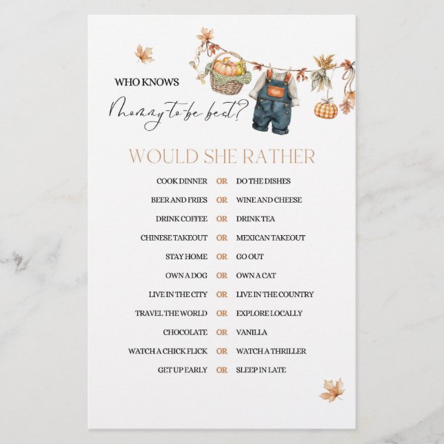 Pumpkin Fall Baby Shower Mommy Game (Front)