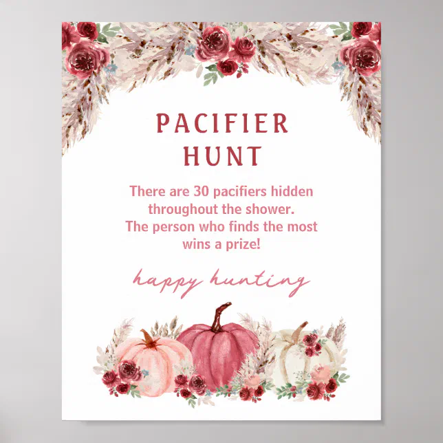 Pumpkin Fall Baby Shower Pacifier Hunt Game Sign | Zazzle