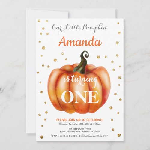 Pumpkin Fall Birthday Invitation Gold