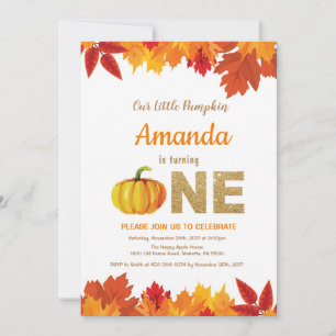 Pumpkin Fall Birthday Invitation Gold Glitter
