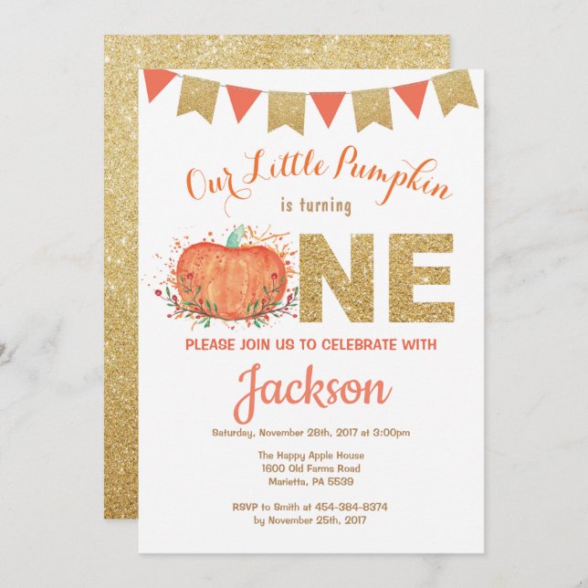 Pumpkin Fall Birthday Invitation Gold Glitter (Front/Back)