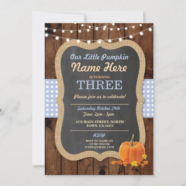 Pumpkin Fall Birthday Party Boy Age Blue Invite (Front)