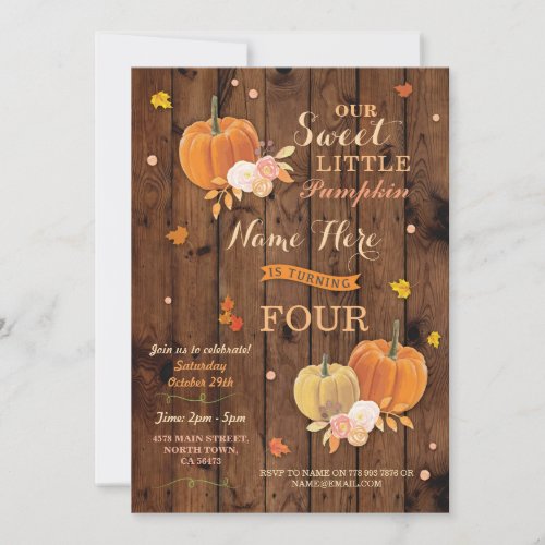 Pumpkin Fall Birthday Party Rustic Wood Invitation