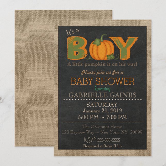 Pumpkin Fall Boy Baby Shower Country Invitation (Front/Back)