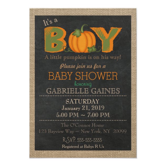 Pumpkin Fall Boy Baby Shower Country Invitation