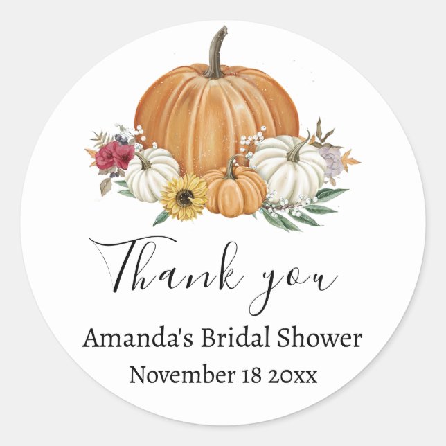 Pumpkin Fall Bridal Shower Favor  Classic Round Sticker (Front)