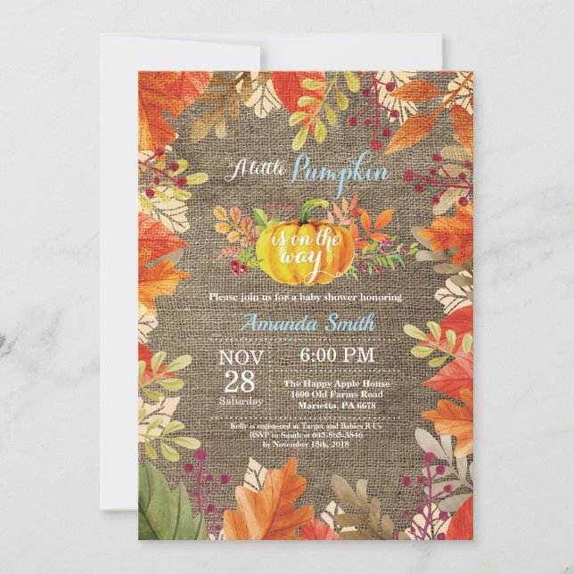Pumpkin Fall Burlap Boy Baby Shower Invitation (Front)