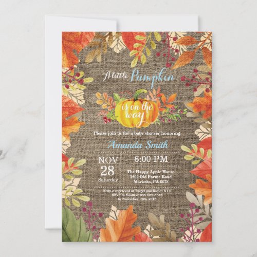 Pumpkin Fall Burlap Boy Baby Shower Invitation