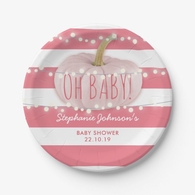 Pumpkin Fall Chic Pink Girl Baby Shower Paper Plates (Front)