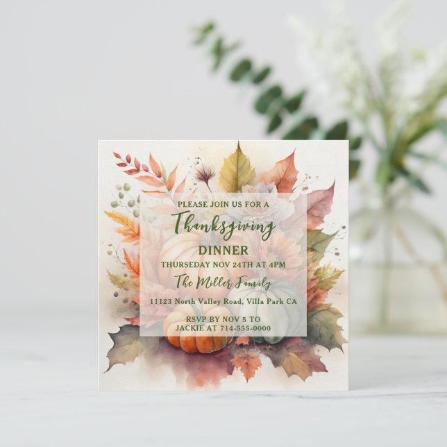 Pumpkin Fall Colors Thanksgiving Dinner Invitation (Standing Front)