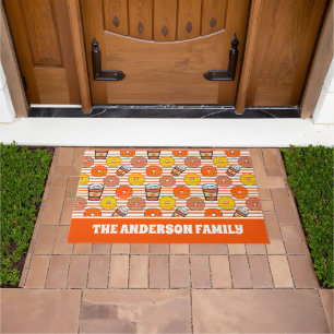 Pumpkin Fall Donuts & Coffee Orange Stripes Doormat