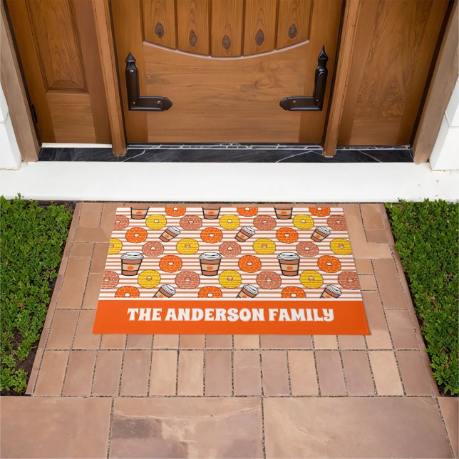 Pumpkin Fall Donuts & Coffee Orange Stripes Doormat (Outdoor)