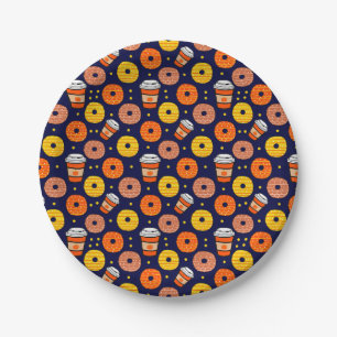 Pumpkin Fall Donuts & Coffee Thanksgiving Blue Paper Plates