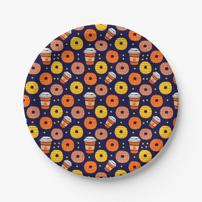 Pumpkin Fall Donuts & Coffee Thanksgiving Blue Paper Plates (Front)