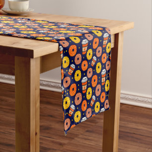 Pumpkin Fall Donuts & Coffee Thanksgiving Blue Short Table Runner