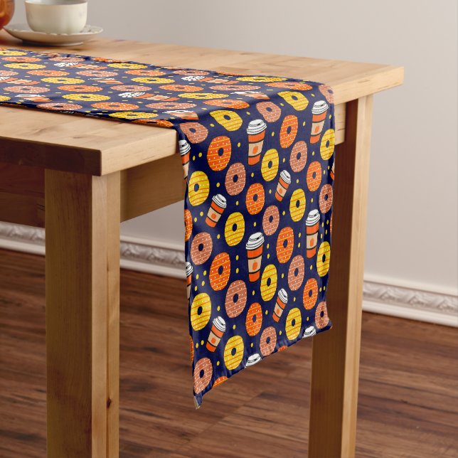 Pumpkin Fall Donuts & Coffee Thanksgiving Blue Short Table Runner (In Situ)