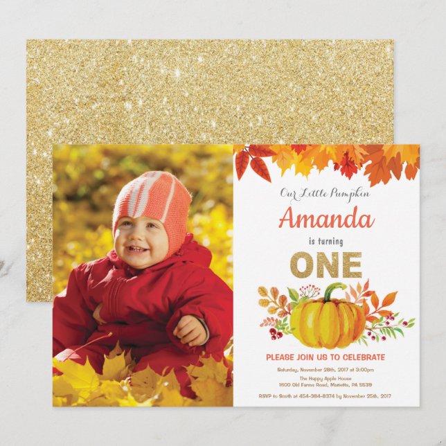 Pumpkin Fall First Birthday Gold Glitter Invitation (Front/Back)