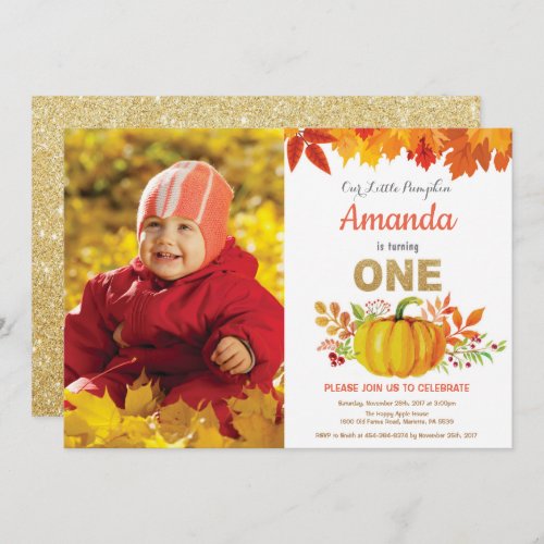 Pumpkin Fall First Birthday Gold Glitter Invitation