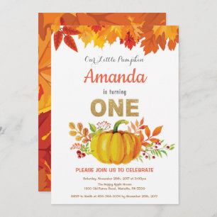 Pumpkin Fall First Birthday Gold Glitter Invitation