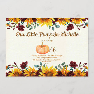 Pumpkin Fall First Sunflower Burgundy Birthday Invitation
