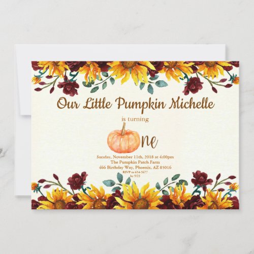 Pumpkin Fall First Sunflower Burgundy Birthday Invitation