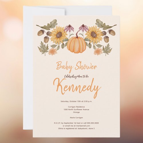 Pumpkin Fall Floral Autumn Baby Shower Invitation