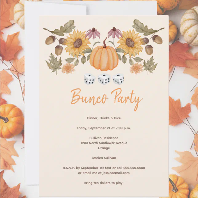 Pumpkin Fall Floral Autumn Dice Bunco Party Invitation | Zazzle