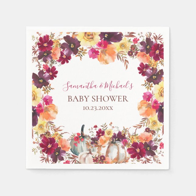 Pumpkin Fall Floral Baby Shower Napkins (Front)