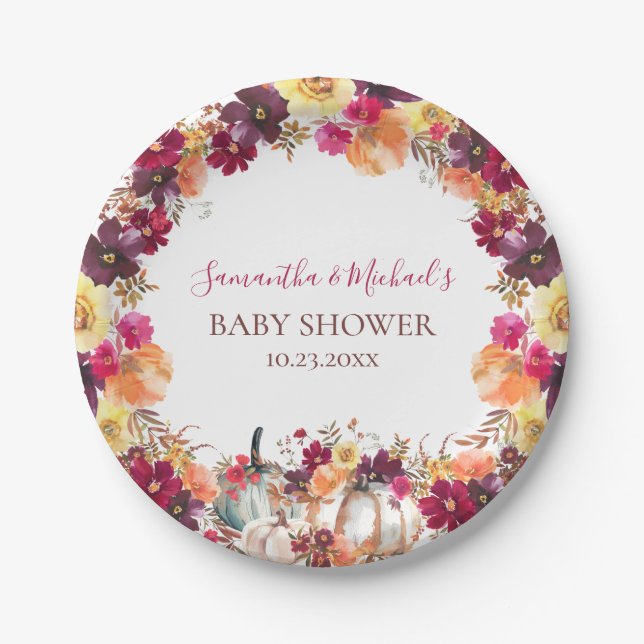 Pumpkin Fall Floral Baby Shower Paper Plates (Front)