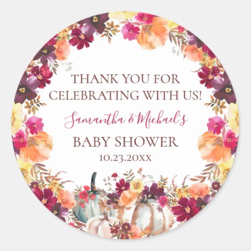 Pumpkin Fall Floral Baby Shower Thank You Classic Round Sticker