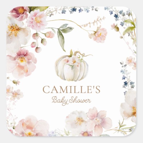 Pumpkin Fall Floral Girl Baby Shower Square Sticker