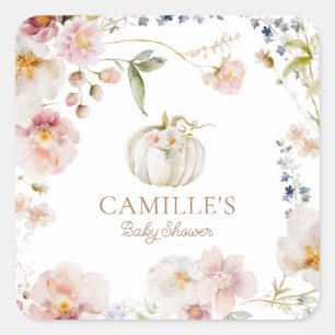 Pumpkin Fall Floral Girl Baby Shower Square Sticker