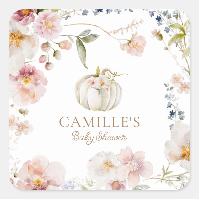 Pumpkin Fall Floral Girl Baby Shower Square Sticker (Front)