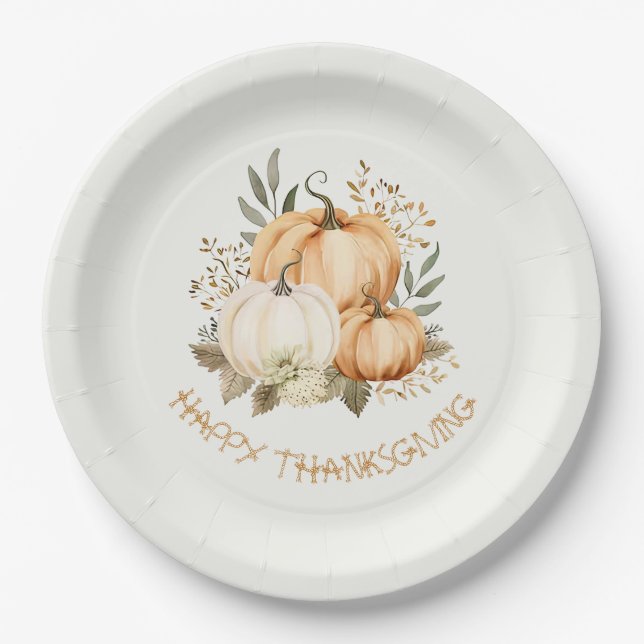 Pumpkin Fall Floral Thanksgiving Dinner Paper Plates (Front)