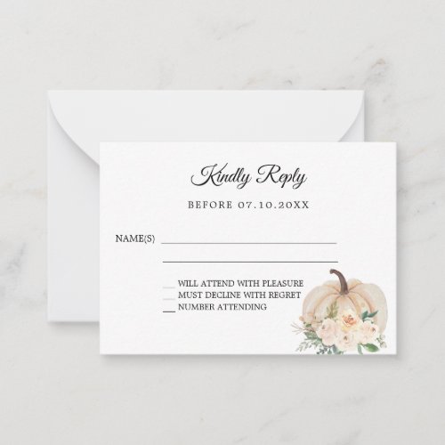 Pumpkin fall florals blush wedding response RSVP Note Card