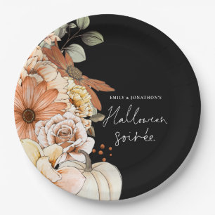 Pumpkin Fall Florals Script Halloween Soirée Black Paper Plates