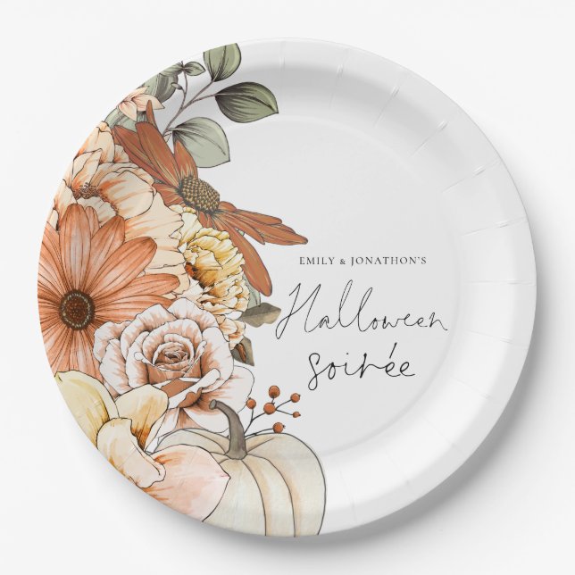 Pumpkin Fall Florals Script Halloween Soirée  Paper Plates (Front)