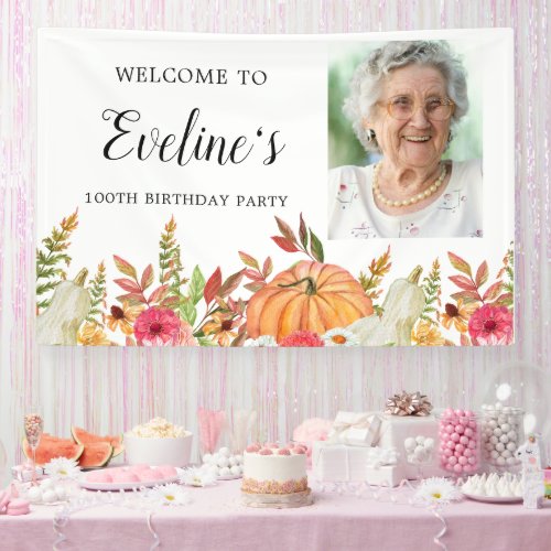 Pumpkin Fall Flowers 100th Birthday Welcome Banner