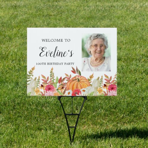 Pumpkin Fall Flowers 100th Birthday Welcome Sign