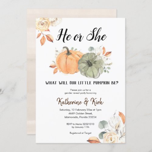 Pumpkin Fall Gender Reveal Party Invitation