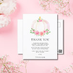 Pumpkin Fall Girl's Baby Shower Thank You Postcard<br><div class="desc">Thank your family and friends for their thoughtful gifts and for attending your baby girl's shower with this pretty thank-you postcard.
It is decorated with a lovely watercolor of a pink pumpkin,  roses,  and green foliage.
Easily customized.
Original Watercolor © Michele Davies.</div>