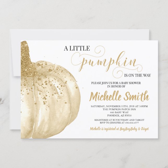 Pumpkin Fall Gold Glitter Boho Autumn Baby Shower Invitation (Front)