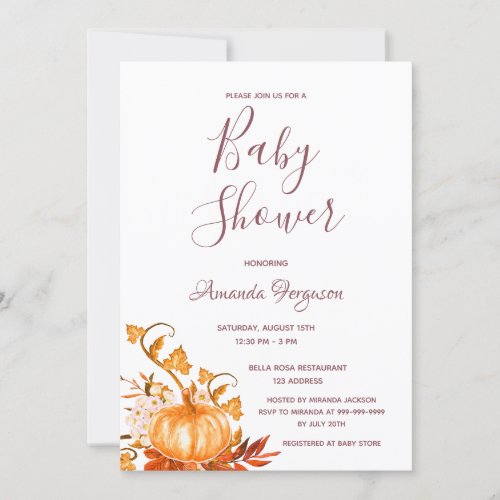 Pumpkin fall golden white baby shower invitation