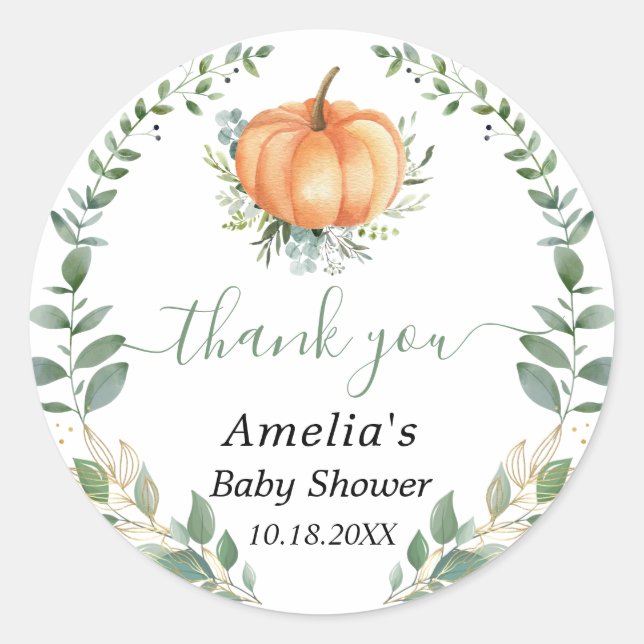 Pumpkin Fall Greenery Gold Foliage Favor Thank You Classic Round Sticker (Front)